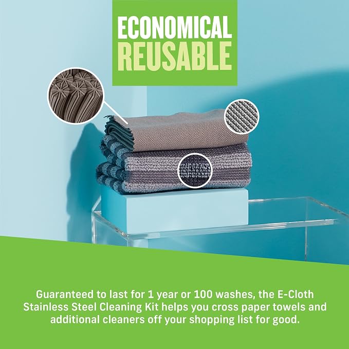 E-Cloth Stainless Steel Microfiber Cleaning Cloth Pack - Glass & Polishing + Stainless Steel Cleaner Cloth for Appliances, Cars & More, Reusable & Washable Microfiber Towels, Cleans with Water