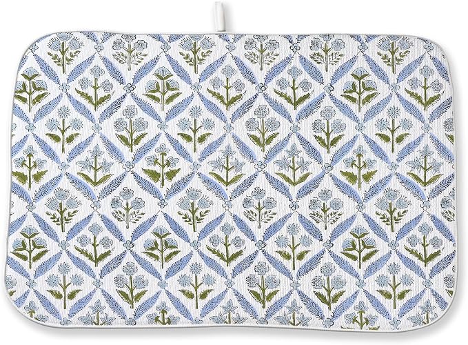 Blue Sage Green Block Print Dish Drying Mats 18x24 Inch Blue Green Vintage Spring Floral Drying Mats Summer Outdoor Decorations Absorbent Drying Dish Mats for Kitchen Dining Room Counter Decor