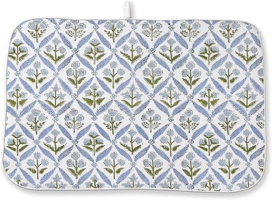 Blue Sage Green Block Print Dish Drying Mats 18x24 Inch Blue Green Vintage Spring Floral Drying Mats Summer Outdoor Decorations Absorbent Drying Dish Mats for Kitchen Dining Room Counter Decor