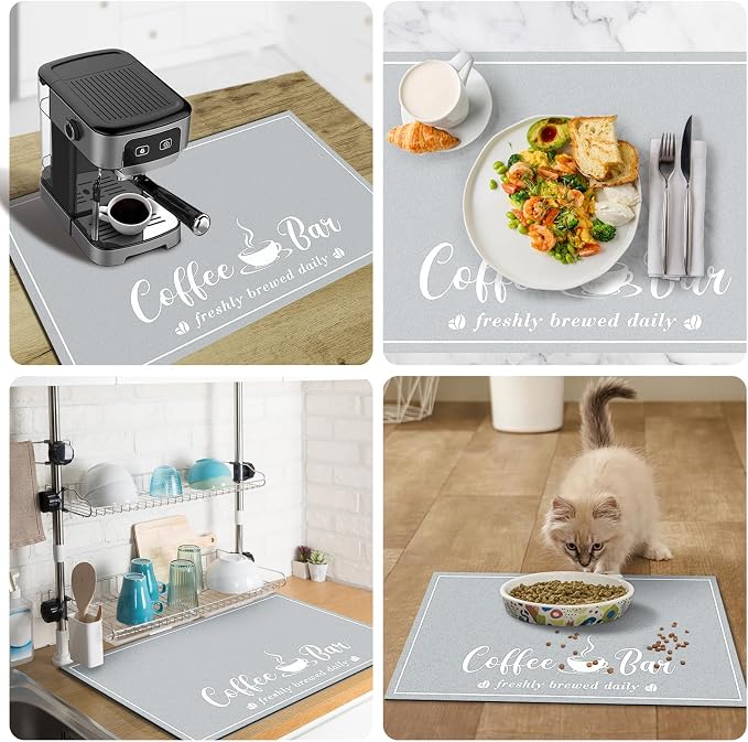 CooRug Absorbent Coffee Mat, Fashion Dish Drying Mat for Kitchen Counter Coffee Bar Accessories Espresso Machine Dish Rack 16" x 24" Light Grey