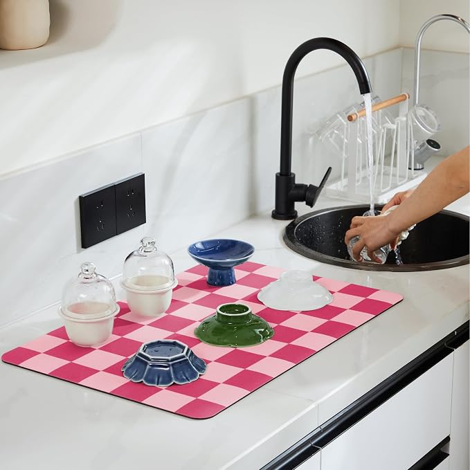 Ohocut Checkered Dish Drying Mat for Kitchen Counter, Coffee Bar Station Accessories, Retro Cute Girly Pink Aesthetic Modern Absorbent Drainer Mat Kitchen Drying Mat Easy Clean, Hot Pink 16" x 24"