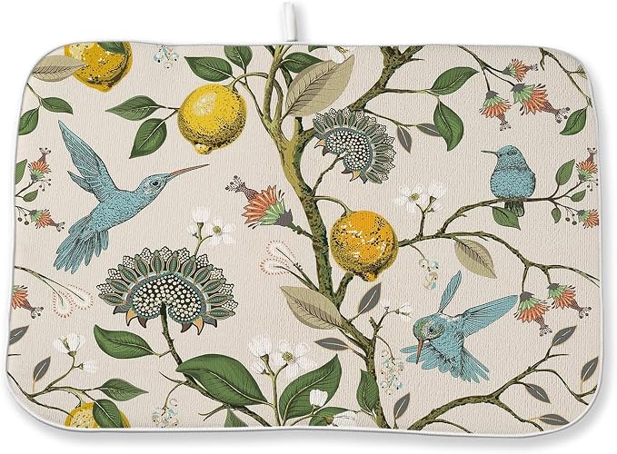 Boho Dish Drying Mat 18x24 Inch Vintage Lemon Floral Blue Bird Drying Mat Chinoiserie Flower Spring Summer Seasonal Absorbent Dish Drying Pad Dish Rack Drainer Mats for Kitchen Dining Counter