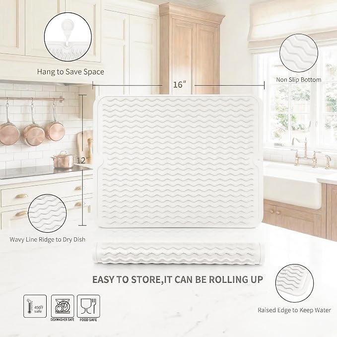 MicoYang Silicone Dish Drying Mat — Quick-Dry Ridges Counter & Sink Pad, Heat-Resistant Trivet to 450°F, Non-Slip & Dishwasher Safe, Roll-Up Storage, 18 Colors & 9 Sizes (White, 16"×12")