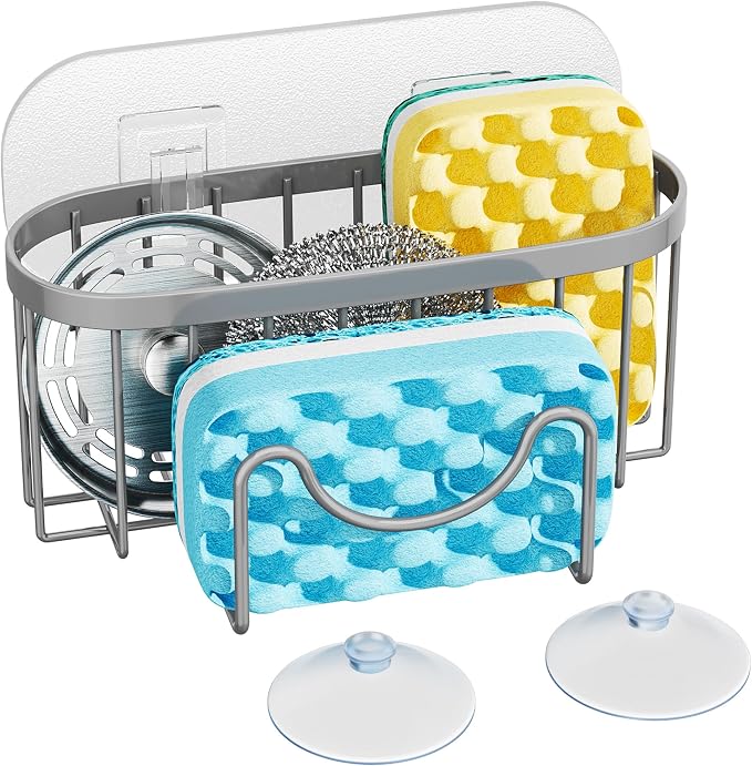 HapiRm Sponge Holder for Kitchen Sink - Sink Caddy with Unique M-Shaped, 2 Installation Methods Kitchen Organizer, Rustproof Stainless Steel Sponge Caddy - Grey