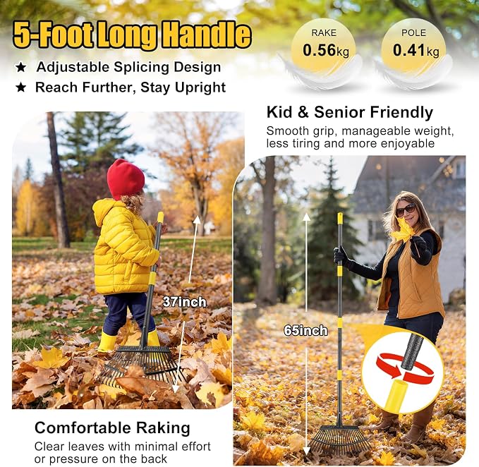Garden Rake for Leaves: 18” Wide Metal Leaf Rake, 65” Long Adjustable Handle, Heavy Duty 25 Teeth, Fast Kids Women Large Lawn Yard Garden Leaf Cleanup Gardening Rakes: Grass,Debris,Pine Needles Pick