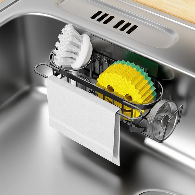 Cisily Kitchen Sink Caddy Sponge Holder in The Sink, Stainless Steel Kitchen Sink Organizer, Brush Holder, Dish Cloth Hanger, Sink Stopper Holder (Suction cup-Black)