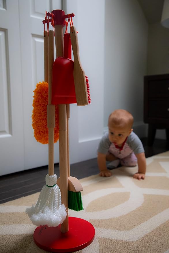JustForKids Kids Cleaning Set, 6 Pieces - Wooden Pretend-Play Housekeeping Toy with Broom, Mop, Brush, Duster, Dustpan & Hanging Stand, STEM Learning Toy for Toddlers & Kids, Boys & Girls, Multicolor