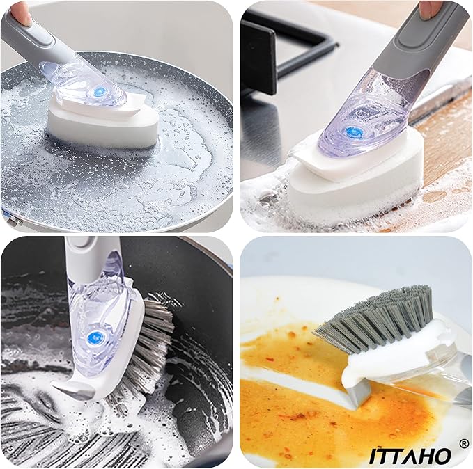 Dish Brush with Soap Dispenser & 3 Pack Dishwashing Sponge Refills Non Scratch, Dish Cleaning Scrubber Set with Handle for Household Usage Kitchen Sink Pot Pan Large Glass Cup - Grey