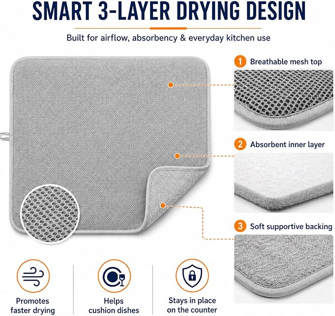 Dish Drying Mat 24 x 17 in, Large Microfiber Drying Mats, Absorbent Quick Dry Pad for Kitchen Counter, Countertop Protector for Dishes, Pots & Pans, Machine Washable, Gray (1 PCS)