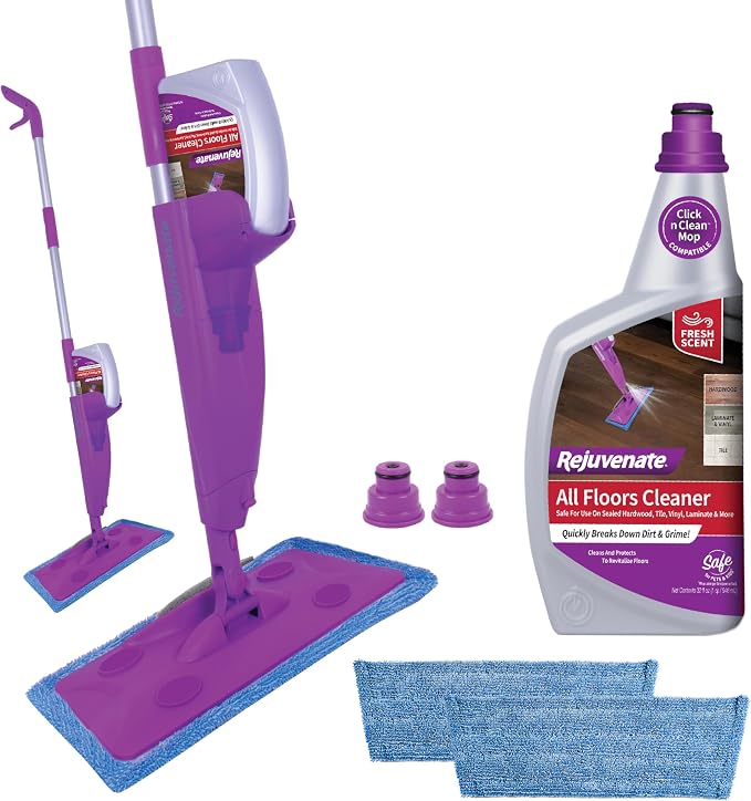 Rejuvenate Click N Clean Multi-Surface Spray Mop, All-in-One Kit, 1 Count | Includes Mop, 2 Microfiber Pads, 2 Adapters, Scrub Pad & 32 Oz Cleaner, Use on Sealed Hardwood, Laminate, Vinyl & Tile Floors