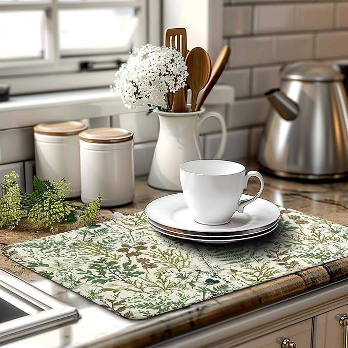 Sage Green Botanical Floral Dish Drying Mat for Kitchen Counter Vintage Herbs Fern Leaves Plant Drying Mats Absorbent Microfiber Dishes Drainer Mats Washable Dish Draining Pad Extra Large 18"x24"