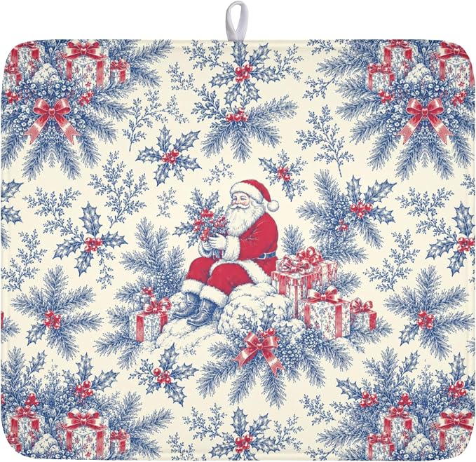 Christmas Santa Claus Dish Drying Mat for Kitchen Counter 16x18 Inch | Vintage Blue Chinoiserie Christmas Holly Leaves Dish Drainer Mat Rustic Xmas Holiday Absorbent Washable Drying Pad
