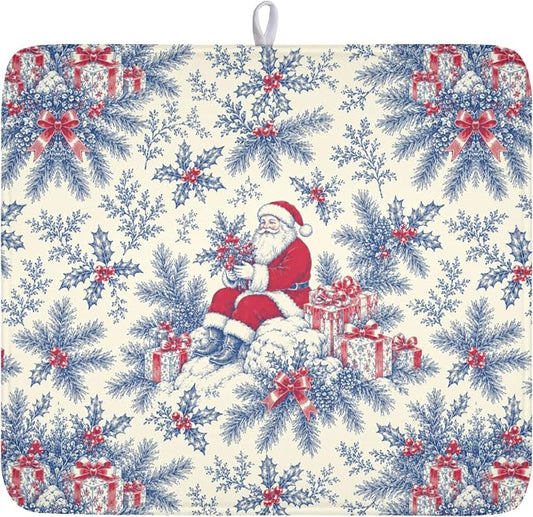 Christmas Santa Claus Dish Drying Mat for Kitchen Counter 16x18 Inch | Vintage Blue Chinoiserie Christmas Holly Leaves Dish Drainer Mat Rustic Xmas Holiday Absorbent Washable Drying Pad