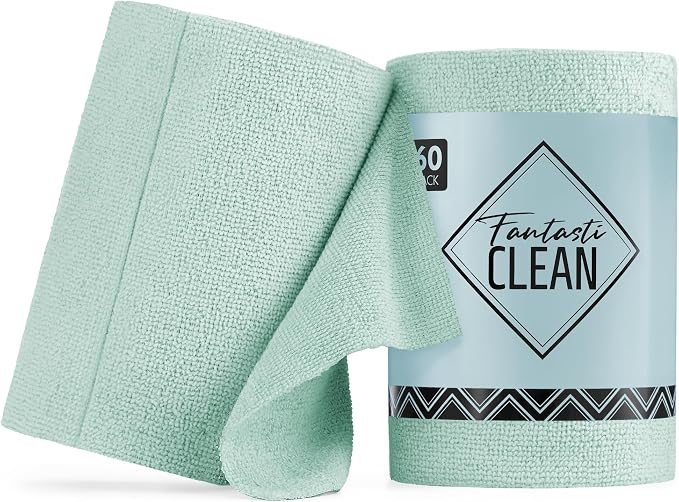 Fantasticlean Microfiber Cleaning Cloth Roll -60 Pack, Tear Away Paperless Towels, 8" x 8", Reusable Washable Rags, for House Kitchen, Pet, Office, Indoor Outdoor, Compact and Portable (Mint Green)