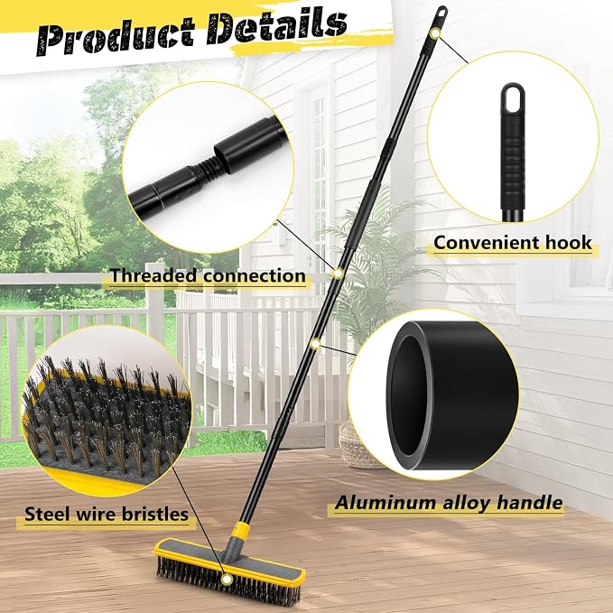 2 in 1 Stainless Steel Wire Brush Heavy Duty Floor Deck Scrub | 60" Long Handle Outdoor Push Broom for Moss Removal/Concrete/Patio/Deck/Garden/Pool/Floor Cleaning|Yellow