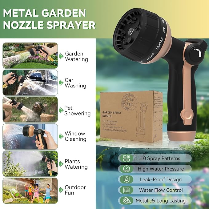 Garden Hose Nozzle Heavy Duty,Metal Water Hose Nozzle with 10 Adjustable Spray Patterns, High Pressure Hose Sprayer Nozzle Thumb Control On Off Valve for Lawn & Plant Watering, Car & Pet Washing