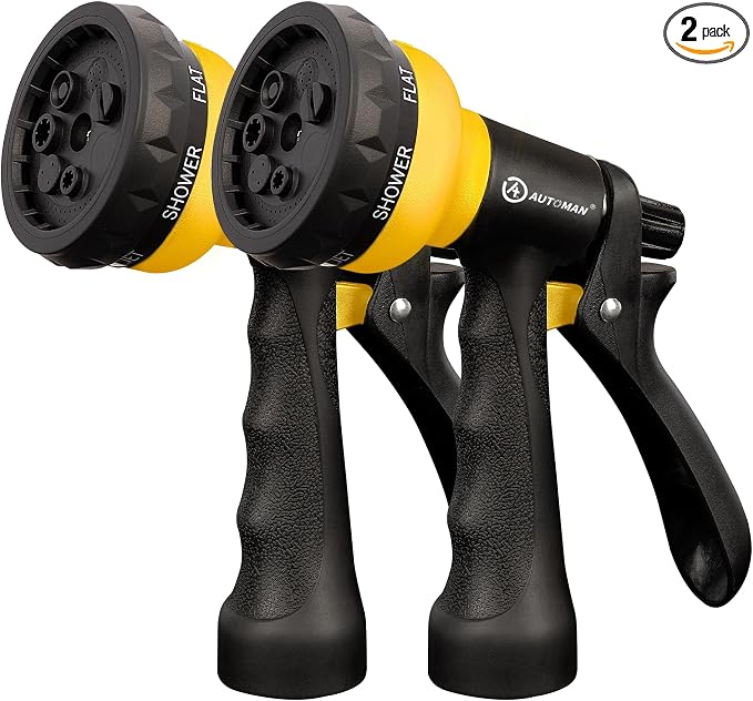 AUTOMAN-Garden-Hose-Nozzle, 2 Pack ABS Water Spray Nozzle with Heavy Duty 7 Adjustable Watering Patterns,Slip Resistant for Watering Plants,Lawn& Garden,Washing Cars,Cleaning,Showering Pets - Yellow
