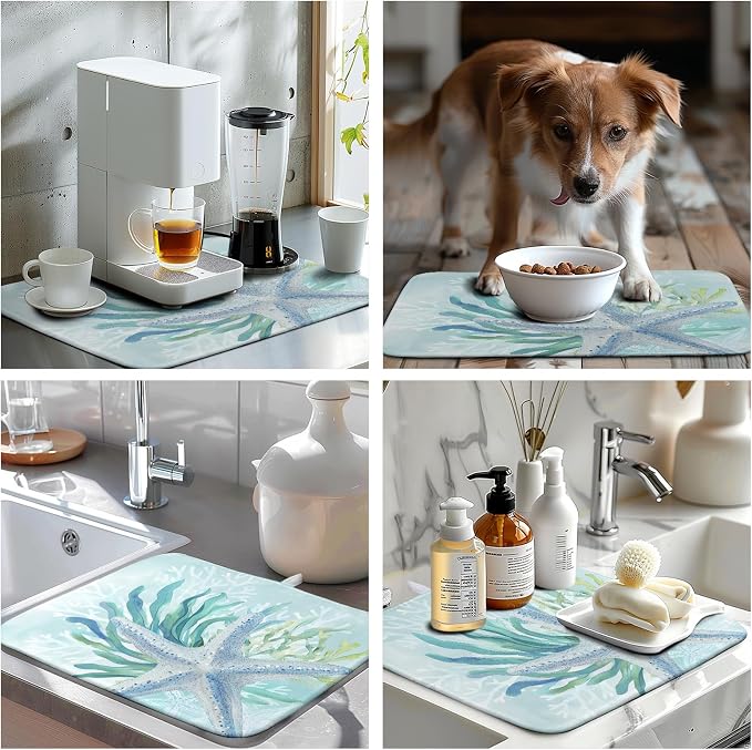 Summer Coastal Dish Drying Mat for Kitchen Counter Nautical Beach Starfish Coral Dish Drying Pad Ocean Teal Blue Dish Mat Absorbent Microfiber Dishes Drainer Mats 16"x18"