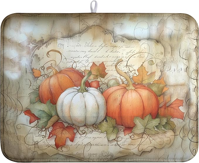Autumn Kitchen Drying Mat 18x24 Inch Fall Pumpkin Maple Leaves Dish Drying Mats for Kitchen Counter Thanksgiving Absorbent Microfiber Dish Rack Mat for Coffee Bar Sink