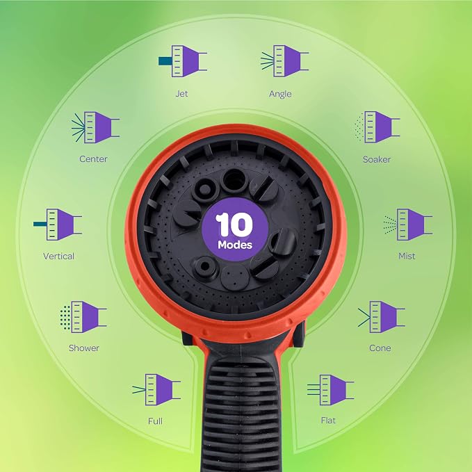 Hose Nozzle [Red] Heavy Duty Hose Sprayer With 10 Adjustable Watering Patterns. Thumb Control Design, Comfortable Ergonomic Grip, Garden Hose Nozzle for Watering Plants & Lawns/Fun showers/Cleaning