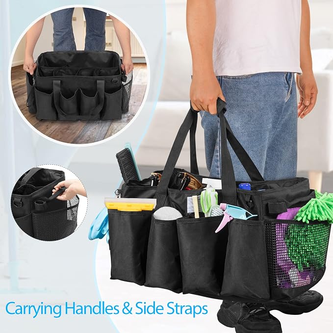 HODRANT Extra-Large Cleaning Caddy with Handles & Multi Pockets | Large Capacity Tote Bag for Cleaning Tools & Products Storage, Cleaner Organizer for Car, Home & Housekeeping Work, Black