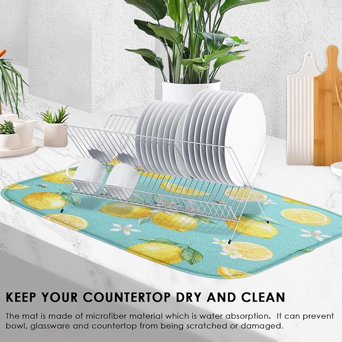 Sanwarm Absorbent Dish Drying Mat, Watercolor Lemons Yellow Fruit Lime Microfiber Pad for Kitchen Counter, Coffee Bar Decor, Heat Resistant and Reversible, 16" x 18"