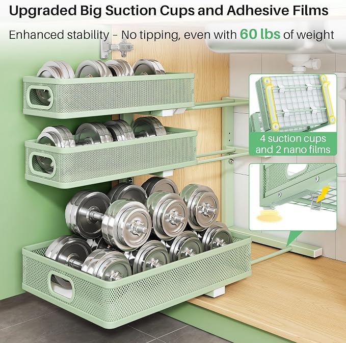 Kitstorack Under Sink Organizer, 2-Pack 3-Tier Height Adjustable Thickened Metal Pull out Cabinet Organizer Shelf, Slide out Storage Drawer Rack for Bathroom Kitchen Pantry Home Organization, Green