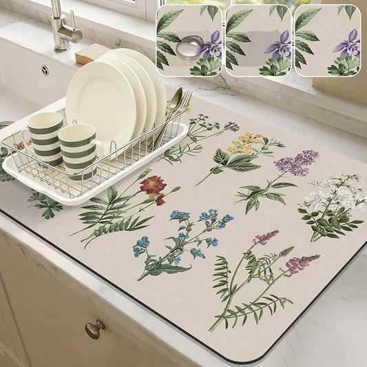 LOKHOM Dish Drying Mat for Kitchen Counter, 16"x24" Absorbent Coffee Bar Mat with Vintage Sage Flower Herbs, Dish Drainer Rack Mat for Kitchen Counter