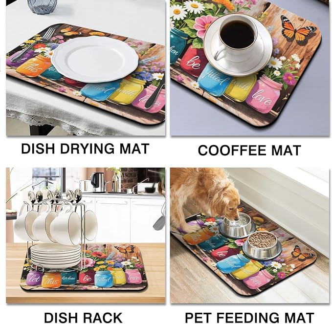 Dish Drying Mat 2-Pack in Mason Jar Floral for Kitchen Counter Dishes Mat | Diatom Mud Mats (18x24, 19.5x12"). Non-slip rubber back for kitchen counter, coffee bar & sink scenes