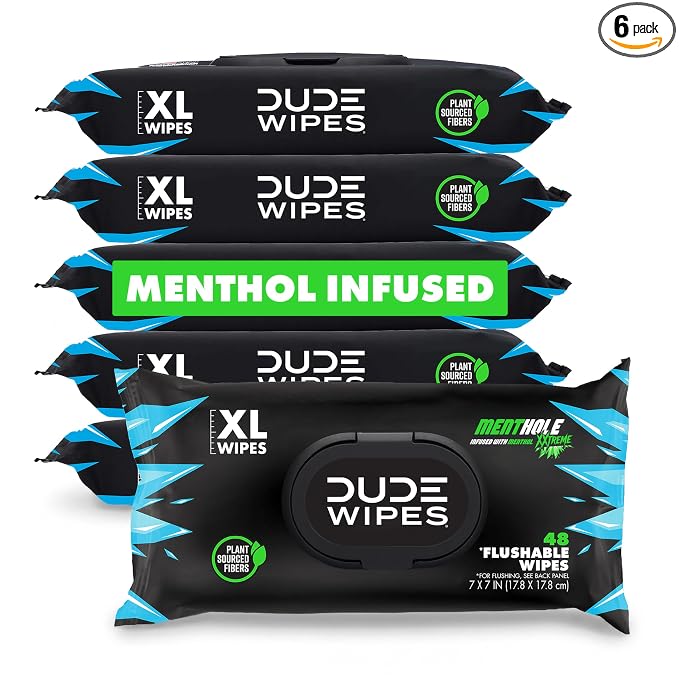 DUDE Wipes MentHOLE XXtreme Flushable Wipes - Menthol Infused Extra-Large Adult Wet Wipes - 6 Pack (288 Count) - Infused with Menthol for a Cooling Sensation - Septic and Sewer Safe