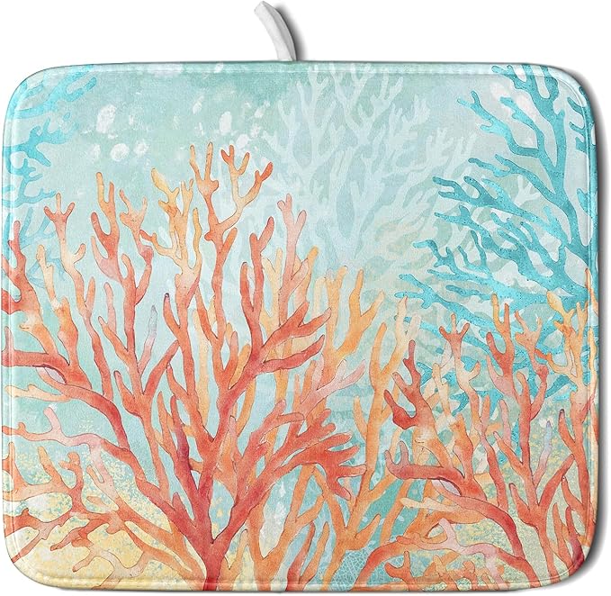 Giwawa Coastal Coral Dish Drying Mat Beach Ocean Drainer Rack Mat 16x18 Inch Microfiber Absorbent Reversible Dish Dry Pad for Kitchen Counter Sink