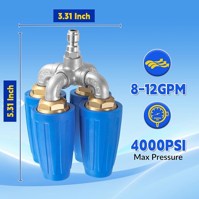 4-in-1 Turbo Nozzle Pressure Washer, 1/4" Quick Connect, 4-6 GPM | Quadruple Turbo Nozzle for Power Washer, 360° Rotating Turbo Nozzle Tip, 2.0 Orifice, 4000 PSI