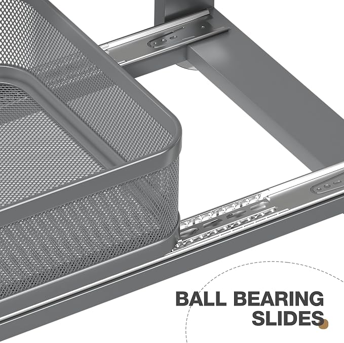 2 Pack 21IN-Depth Under Sink Organizer With Next-Gen Ball-Bearing Slides,2-Tier Precision Mesh Pull Out Cabinet Storage for Bathroom&Kitchen,Height Adjustable Drawers Shelf,Anti-rust-Grey