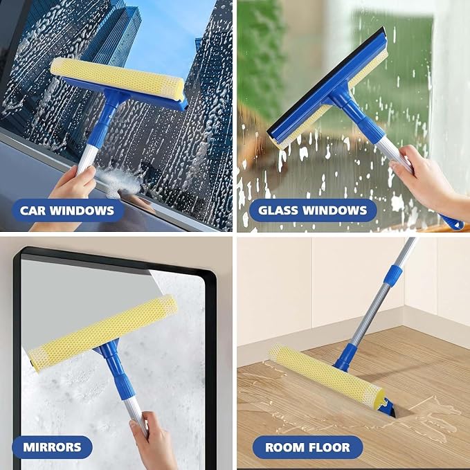 Professional 2-in-1 Window Squeegee with Telescopic Stainless Steel Handle (13.3"-18.9") | Sponge & Scraper for Glass, Shower, Car & High Surfaces