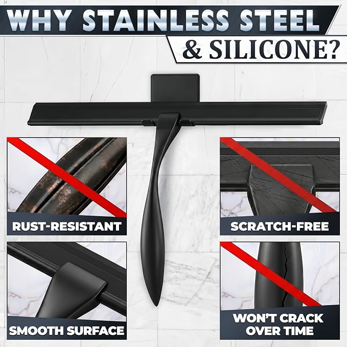Black Squeegee for Shower Glass, 12" Silicone Blade, Stainless Steel | Shower Door Squeegee with Hook, Adhesive Mount; All-Purpose Bathroom Tile, Mirror, & Window Wiper for Streak-Free Cleaning