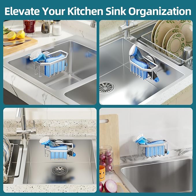 TAILI Sink Caddy with Strong Suction Cup, Sponge Holder for Kitchen Sink Organizer, Removable Sponge Caddy Inside Sink, Rustproof Aluminum Holder for Sponges, Brushes - Silver