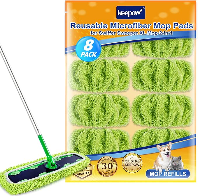 KEEPOW Reusable XL Mop Pads Compatible with Swiffer XL Sweeper, XL Dry Sweeping Cloths, XL Wet Mopping Cloths, Washable Microfiber XL Wet Pads Refills for Surface/Hardwood Floor Cleaning, 8 Pack | XL Dry Sweeping Cloths, XL Wet Mopping Cloths, Washable...