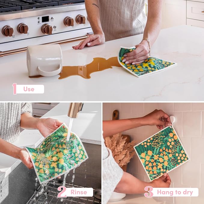 Papaya Swedish Dishcloths for Kitchen, 2 Reusable Paper Towels, 1 Hook