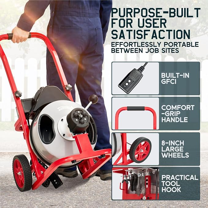 Albott 100 FT x 1/2 inch Electric Drain Cleaner Machine with Auto-Feed & 10 Cutters, Sewer Snake Auger for 1–4 Inch Pipes, Foot Switch & Wheels, Ideal for Home & Commercial Use, Gray/Red