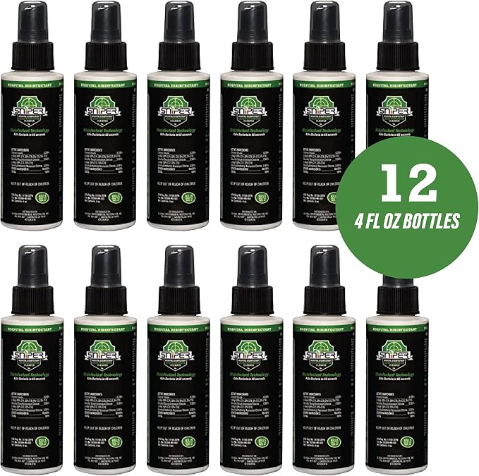 SNiPER Hospital Disinfectant, Odor Eliminator & All-Purpose Cleaner, Made in the USA, 4 Ounce Spray, 12-Pack