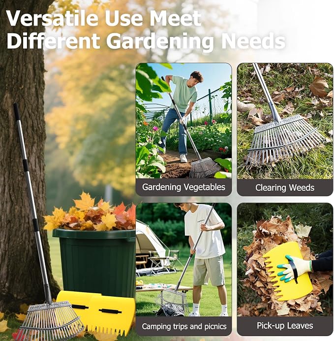 2-in-1 Leaf Rake Set with Leaf Scoops, 25-Tine Garden Rake and Grabber for Leaf Cleanup & Picker Up, Adjustable Long Handle, Wide Metal Head for Garden‌, Yard, Soil, Weeds‌, Grass, Camping