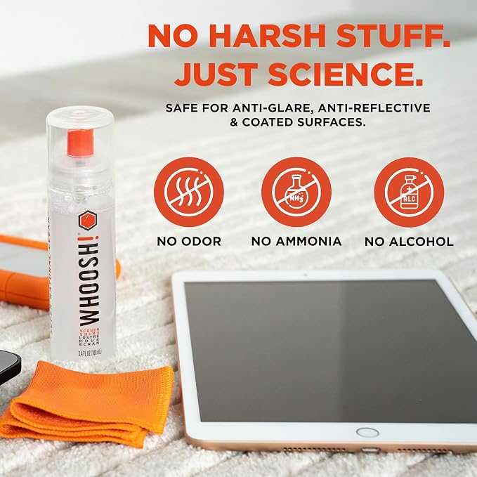 WHOOSH! Screen Shine Go XL - 3.4 fl oz with Microfiber Cloth - Powerful Streak-Free Screen Cleaner Spray and Wipe for MacBook, Laptop, Car, Eyeglasses & Phone - Sleek Bottle for Home, Work or Travel