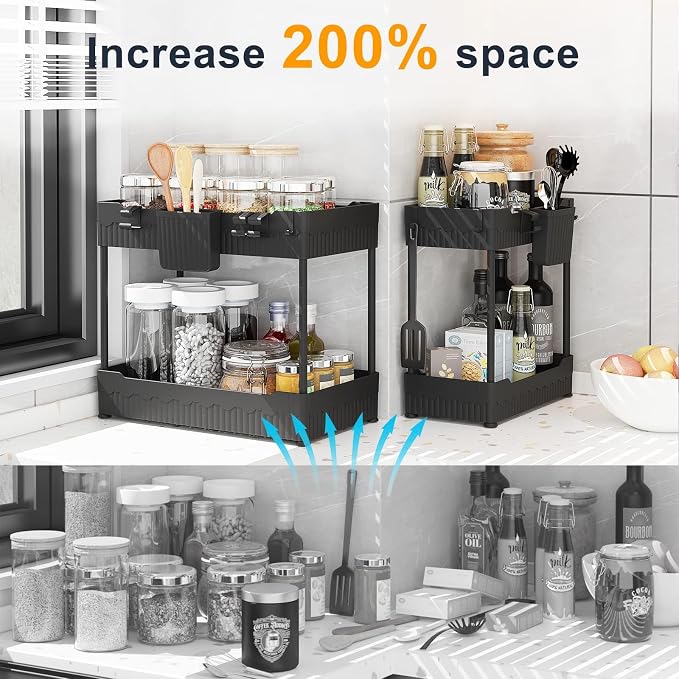 Sevenblue 2 Pack Under Sink Organizer, Under Bathroom Cabinet Organizer with Hooks Hanging Cup, Multi-Purpose Storage Shelf for Kitchen Bathroom, Black
