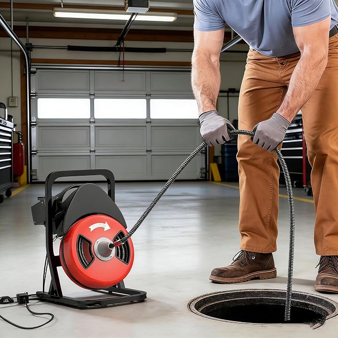50FTx1/2 Inch Drain Cleaner Machine with Wheels, Sewer Snake Electric Drain for 2" to 4" Pipes, Plumbing Snake Auger Cleaner with 6 Cutter & Foot Switch for Sewer, Sink, Toilet, Bathroom