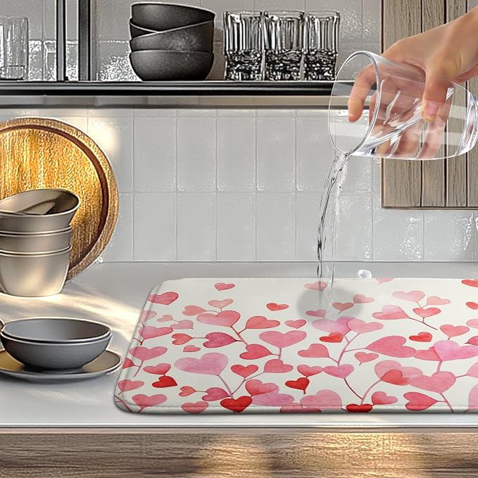 Happy Valentines Day Dish Drying Mat Valentine Drying Matt Kitchen Counter Love Heart Dish Dry Mats 18x24 Inch Large Absorbent Kitchen Decor Under Coffee Maker