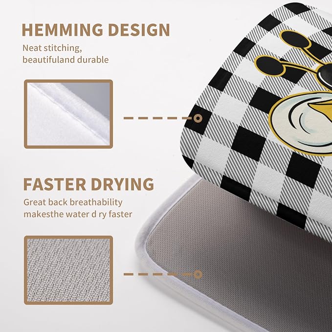 Bee Drying Mats for Kitchen Counter 18×24 Inch Black and White Buffalo Plaid Honey Bee Kitchen Drying Mats for Dishes Summer Microfiber Dish Pad Absorbent Dish Rack Mat