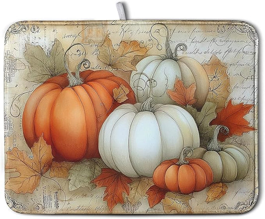 Fall Dish Drying Mats for Kitchen Counter Autumn Pumpkin Maple Leaf Vintage Drying Mats Thanksgiving Holiday Dishes Drainer Pad Microfiber Absorbent Reversible Dish Draining Mat 18x24 Inch