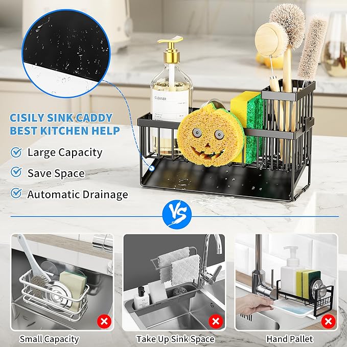 Cisily Kitchen Sink Caddy Organzier with High Brush Holder, Sponge Holder for Sink, 304 Rustproof Stainless, Kitchen Countertop Soap Dispenser Organizer (Black With Smiley Face Holder, 9.25″)