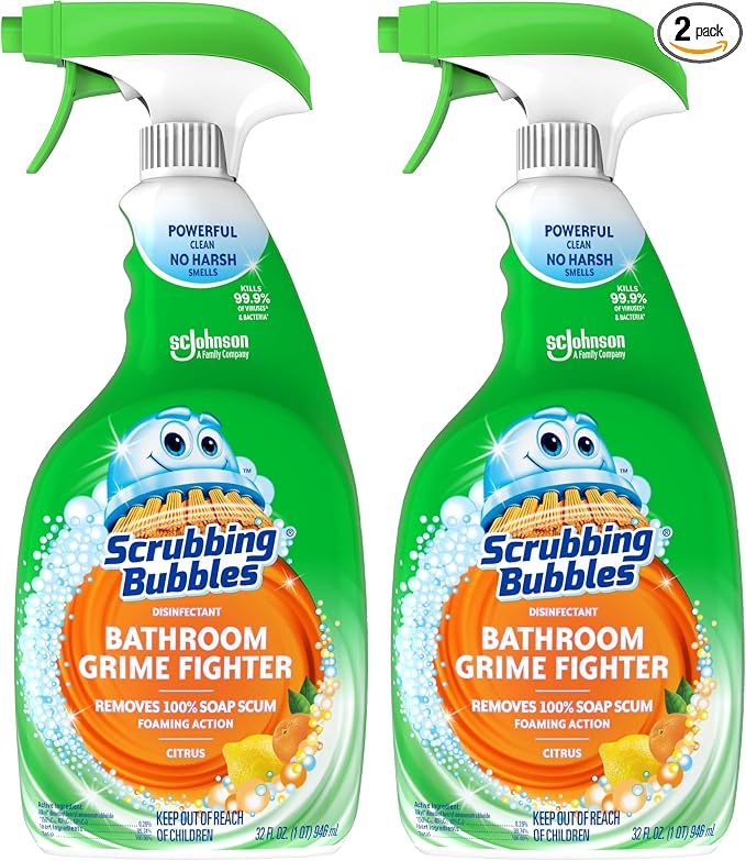 Scrubbing Bubbles Bathroom and Shower Cleaner Disinfectant Spray, Bathroom Grime Fighter, Citrus Scent, 32oz (Pack of 2)