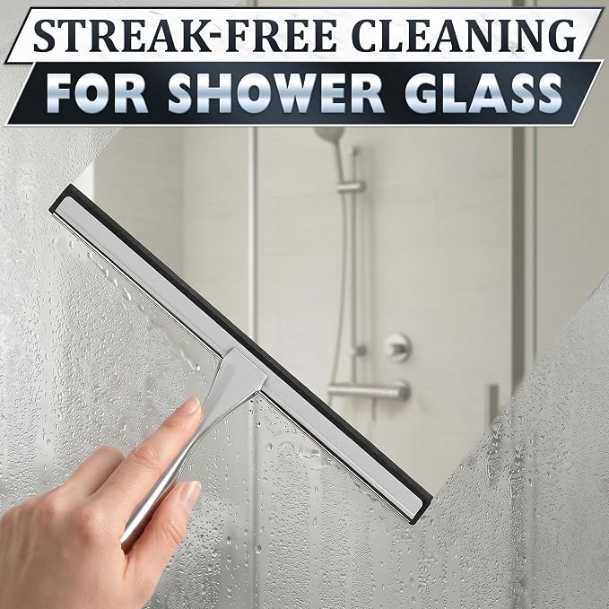 Shower Door Squeegee with Hook, 10" Silicone Blade, Steel (Silver) | Squeegee for Shower Glass with Adhesive Mount; All-Purpose Bathroom Tile, Mirror, & Window Wiper for Streak-Free Cleaning